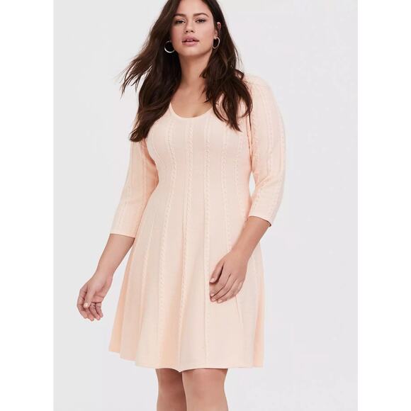 Torrid Sweater Skater Dress 00 Peach Cable Knit 3/4 Sleeve Stretch Mini A-Line - Picture 1 of 7
